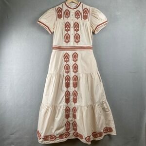 Bohme Siya Embroidered Midi Dress Cream Rust Puff Sleeve Peasant Boho Cottage XS